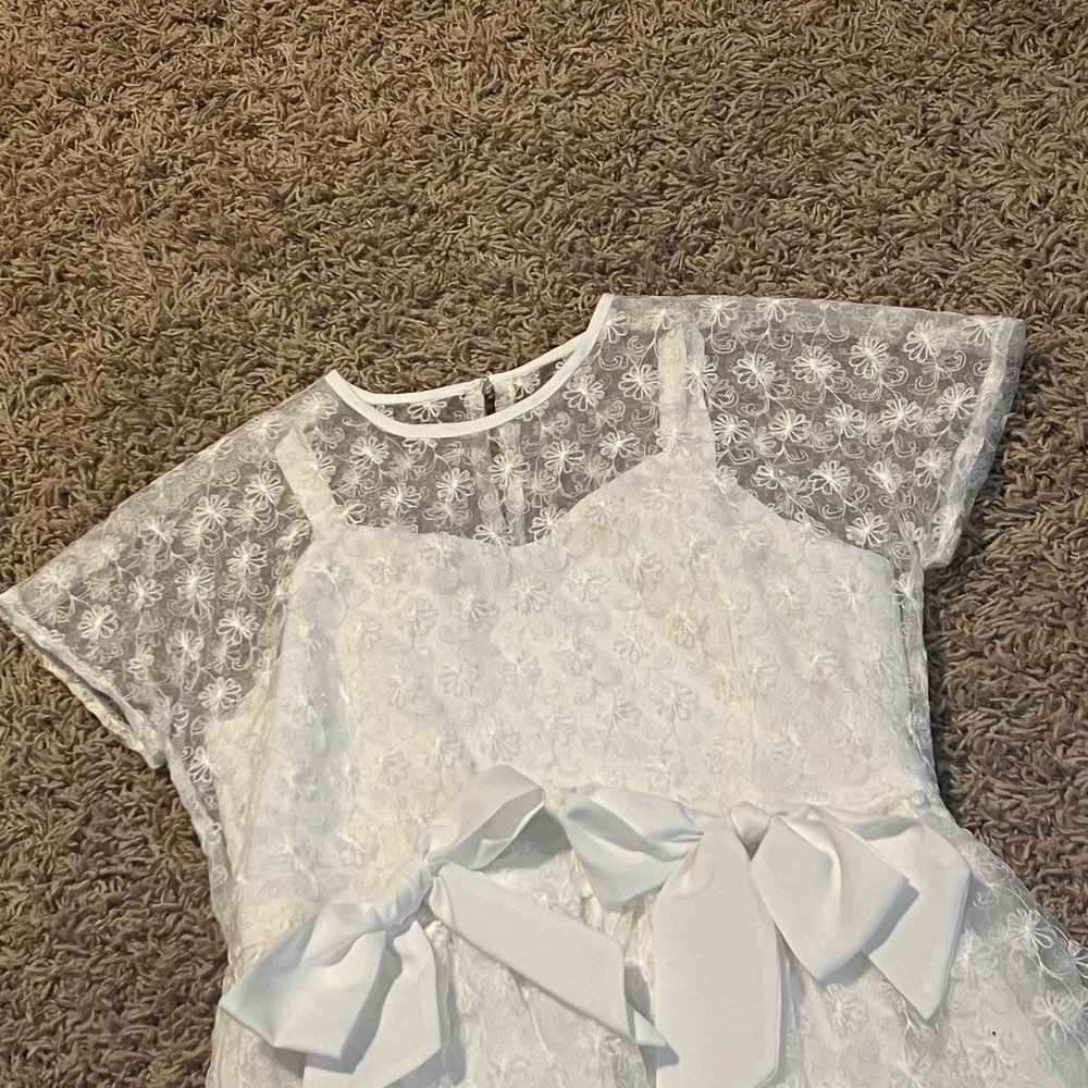 Girls‎ White Floral Lace Communion Flower Girl Dress Short Sleeve Bow Accent